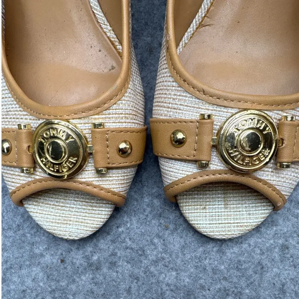 Tommy Hilfiger Tatiana Tweed Gold Brand Logo Cork Wedge Peep Toe Pumps Women 8.5